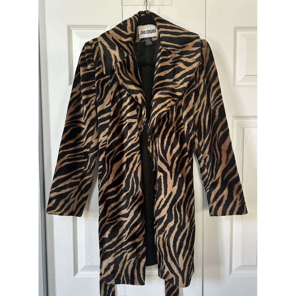John Caruana Animal Print Mid-Length Jacket Collared Lined Sz 4 Tiger Print